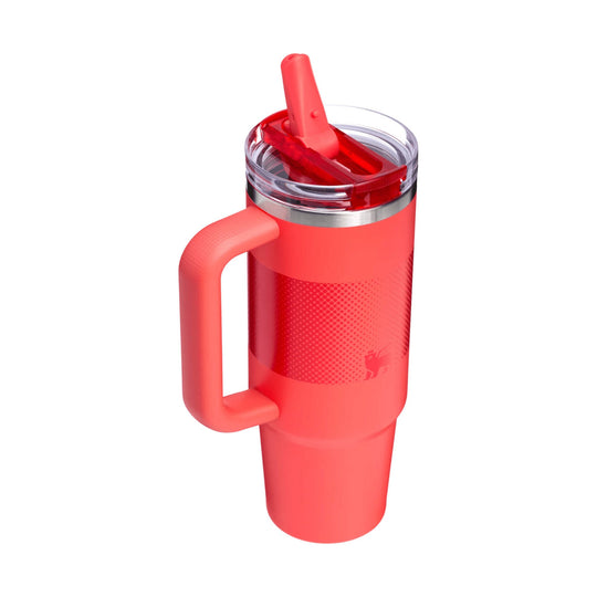 Coral insulated travel tumbler with handle, clear flip straw lid, and stainless steel rim