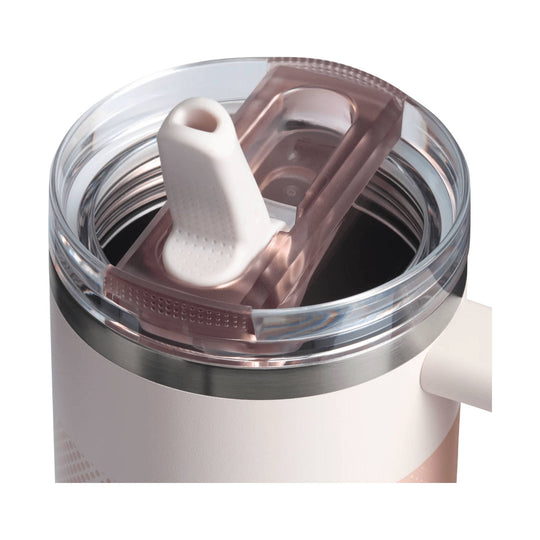 Clear-lidded insulated tumbler with a rose-gold transparent flip straw lid and white straw