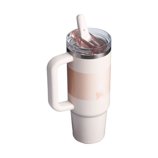 Large white insulated tumbler with a handle and clear flip-straw lid, shown in a three-quarter view