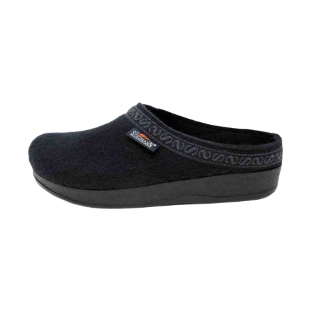 Black wool clog with a wide molded sole and patterned collar trim