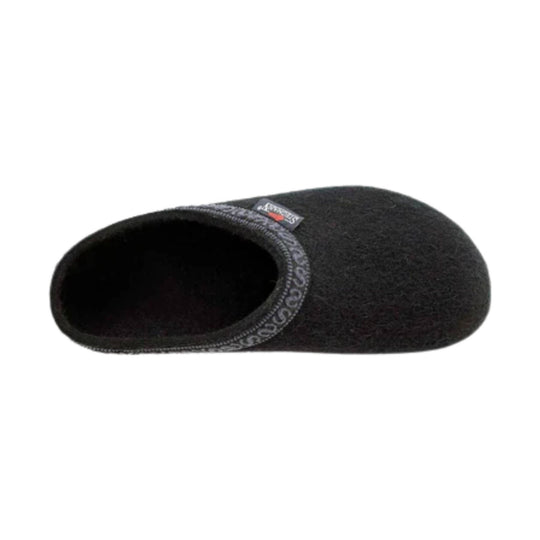 Black wool clog slipper with a stitched trim and open heel