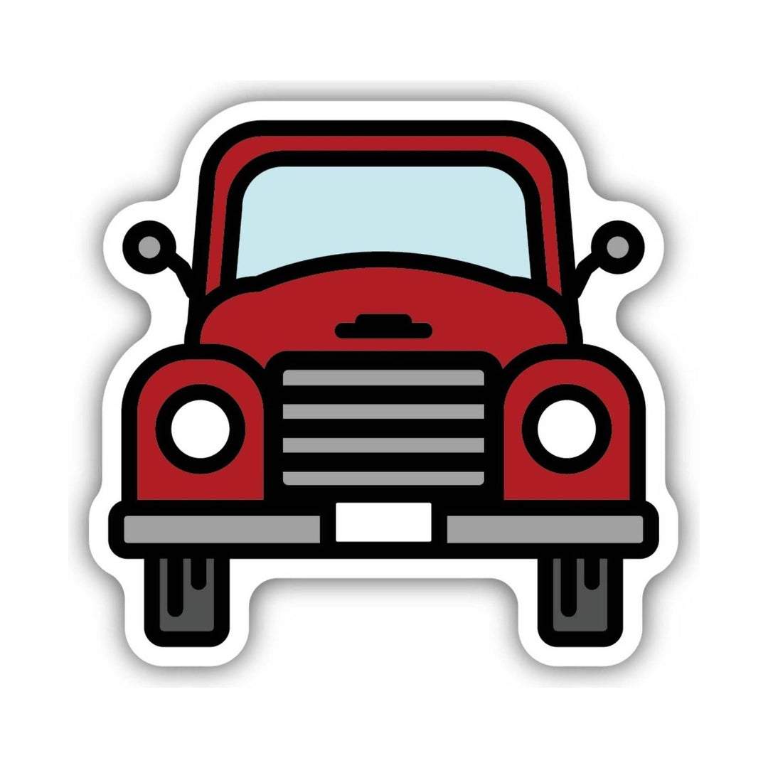 Red front-view truck sticker with black outline and white border