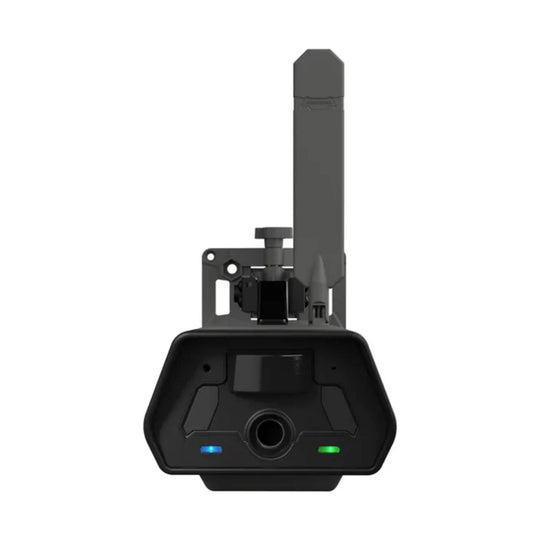 Black trail camera with tall mounting bracket, lens opening, and blue and green indicator lights