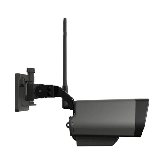 Black wall-mounted security camera with an antenna and adjustable bracket