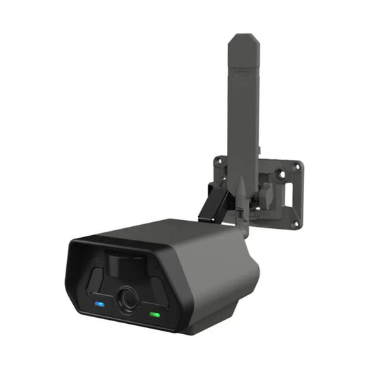 Black wall-mounted security camera with adjustable bracket and front status lights