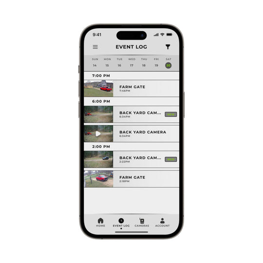 Trail camera event log screen with date picker, thumbnail event clips, and bottom navigation