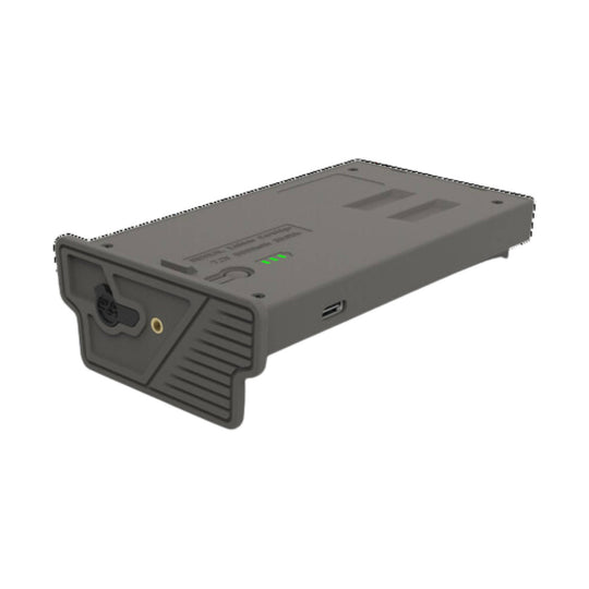 Gray rectangular battery cartridge with a front connector, USB-C port, and three green indicator lights