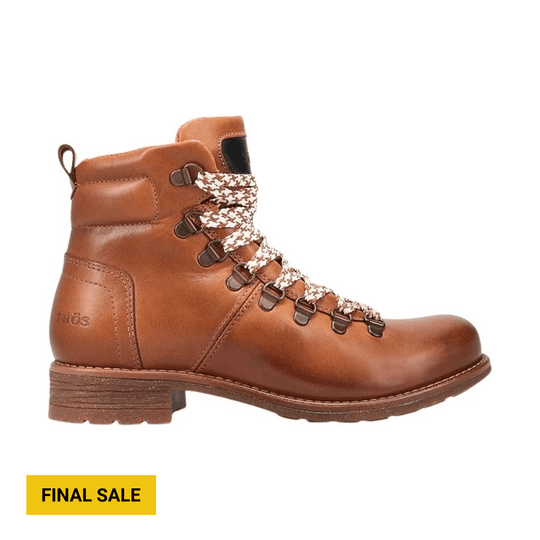 Brown leather lace-up ankle hiking boot with a side pull tab and lug sole