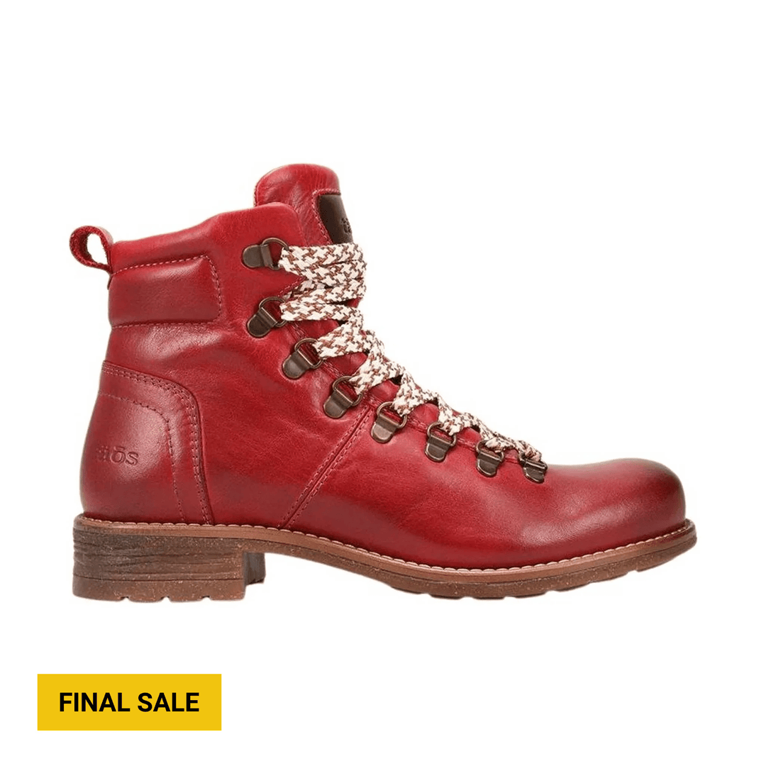 Red leather lace-up ankle boot with tan lug sole and white patterned laces