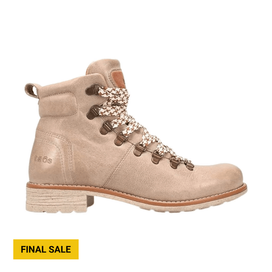 Beige ankle hiking boot with patterned laces, metal hooks, and a stacked heel