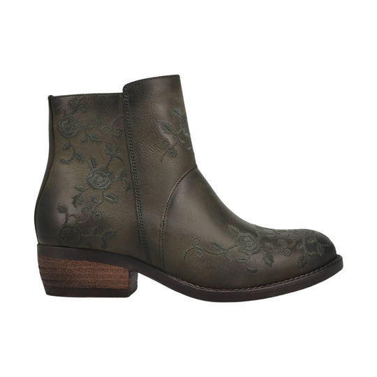 Dark olive leather ankle boot with floral embossing and stacked low heel, side view