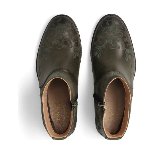 Pair of dark olive ankle boots with floral embossed uppers and side zippers, top view