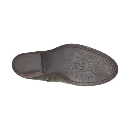 Dark brown boot outsole with embossed crest logo and textured heel grip