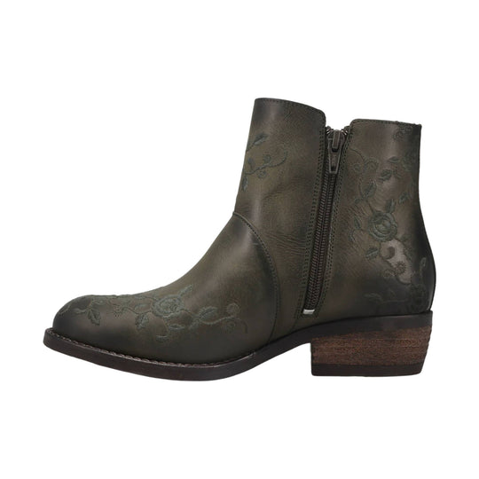 Dark olive leather ankle boot with floral embossing, side zipper, and stacked low heel