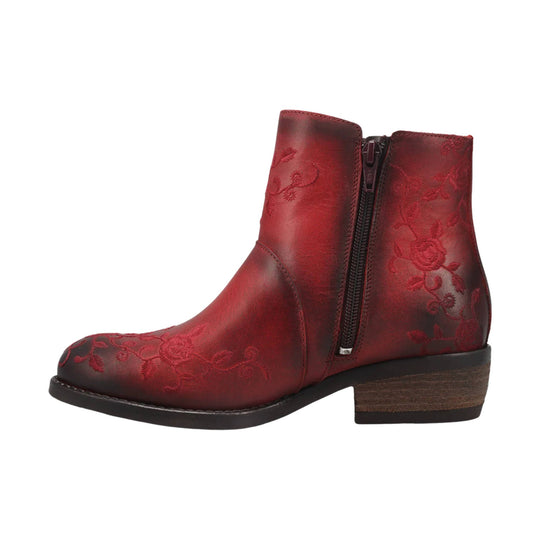 Red floral-pattern ankle boot with side zipper and low stacked heel