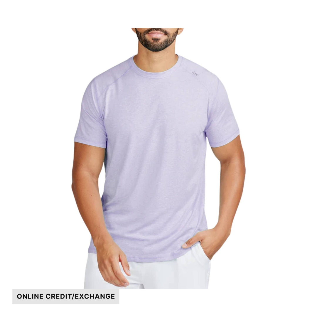 Light lavender short-sleeve crewneck T-shirt worn by a male model, with ONLINE CREDIT/EXCHANGE text