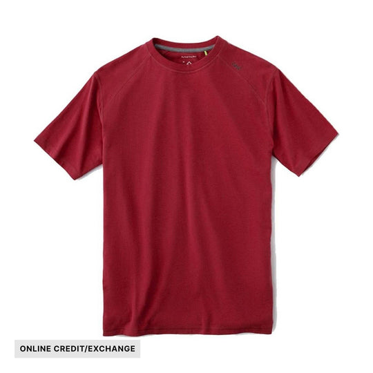 Red short-sleeve crewneck T-shirt with ONLINE CREDIT/EXCHANGE text