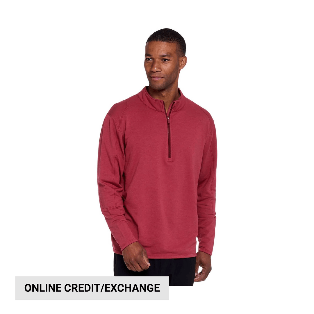 Red quarter-zip pullover with long sleeves and online credit/exchange banner