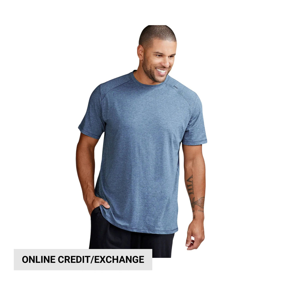 Blue heather short-sleeve athletic T-shirt worn by a male model