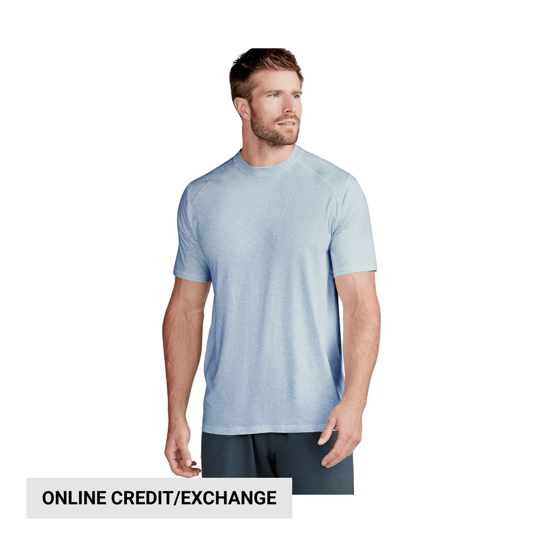 Light blue heathered short-sleeve crewneck T-shirt on a male model, with “ONLINE CREDIT/EXCHANGE” text overlay