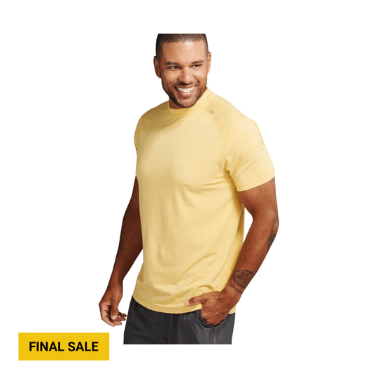 Yellow short-sleeve T-shirt on a model with a black FINAL SALE label