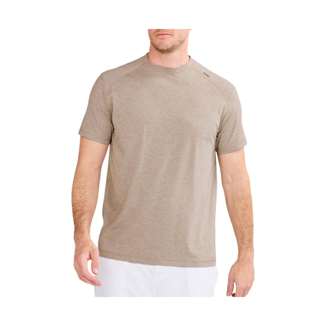 Heathered beige short-sleeve crewneck T-shirt on a male model