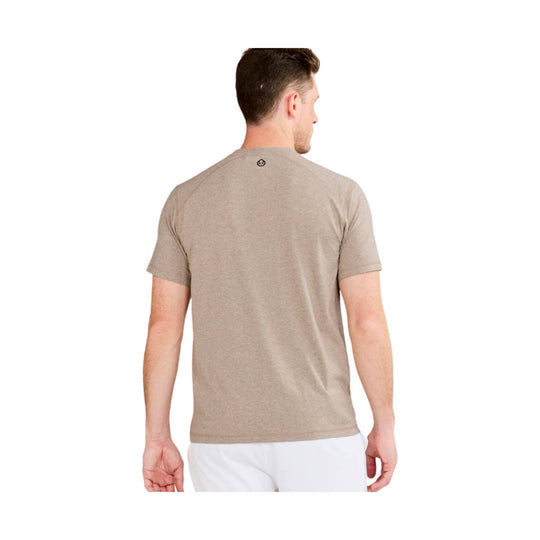 Beige heathered short-sleeve T-shirt shown from the back on a male model