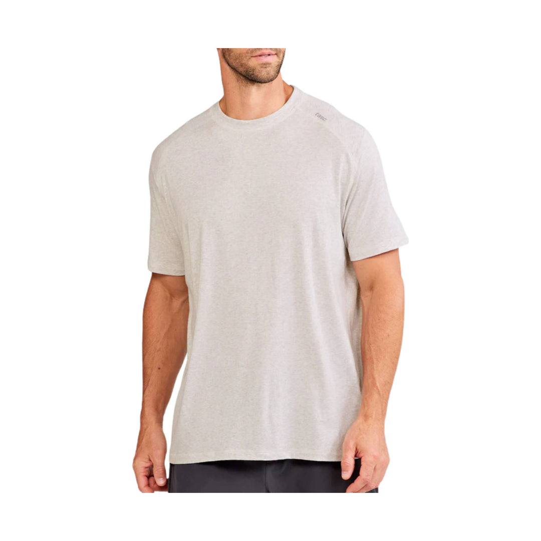 Light gray short-sleeve crewneck tee on a male model