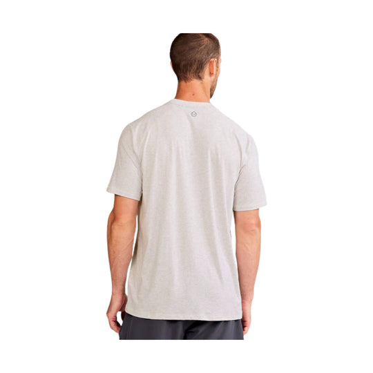 Light gray short-sleeve T-shirt shown from the back on a model