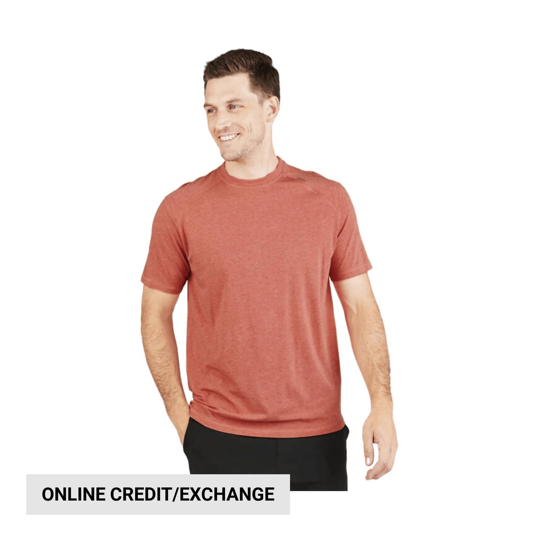Coral heather short-sleeve crewneck T-shirt shown on a male model, with an "ONLINE CREDIT/EXCHANGE" banner.