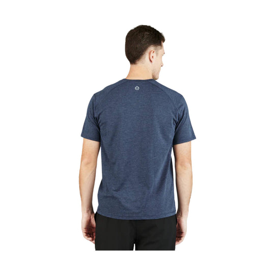 Heathered navy short-sleeve V-neck T-shirt shown from the back
