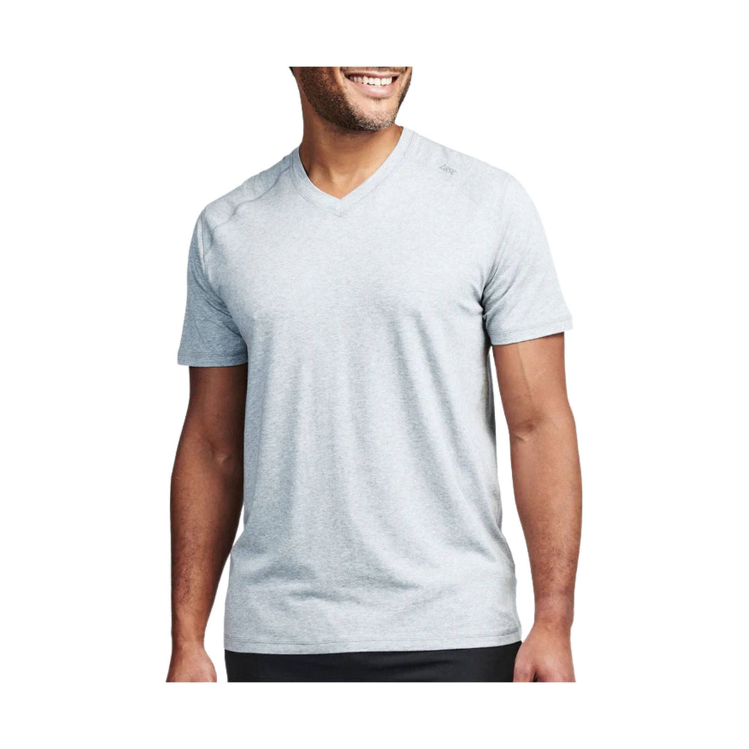 Light gray heather V-neck T-shirt on a male model