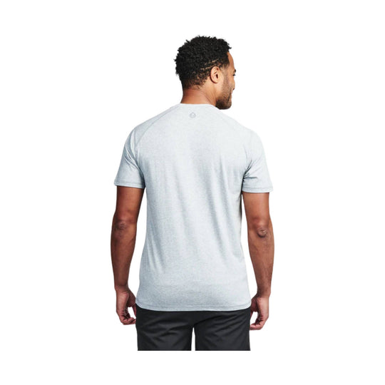 Light gray short-sleeve V-neck T-shirt shown from the back on a model