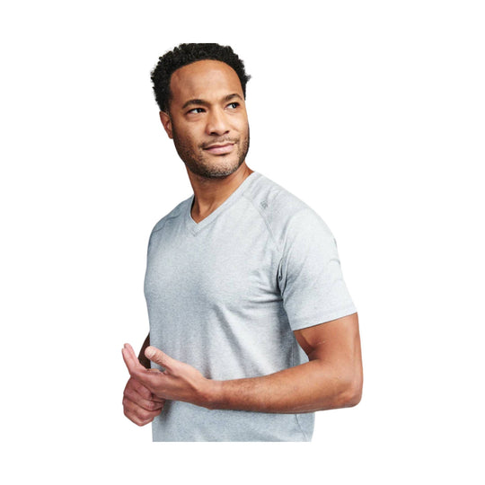 Light gray V-neck T-shirt with short sleeves on a male model, shown at a three-quarter angle.