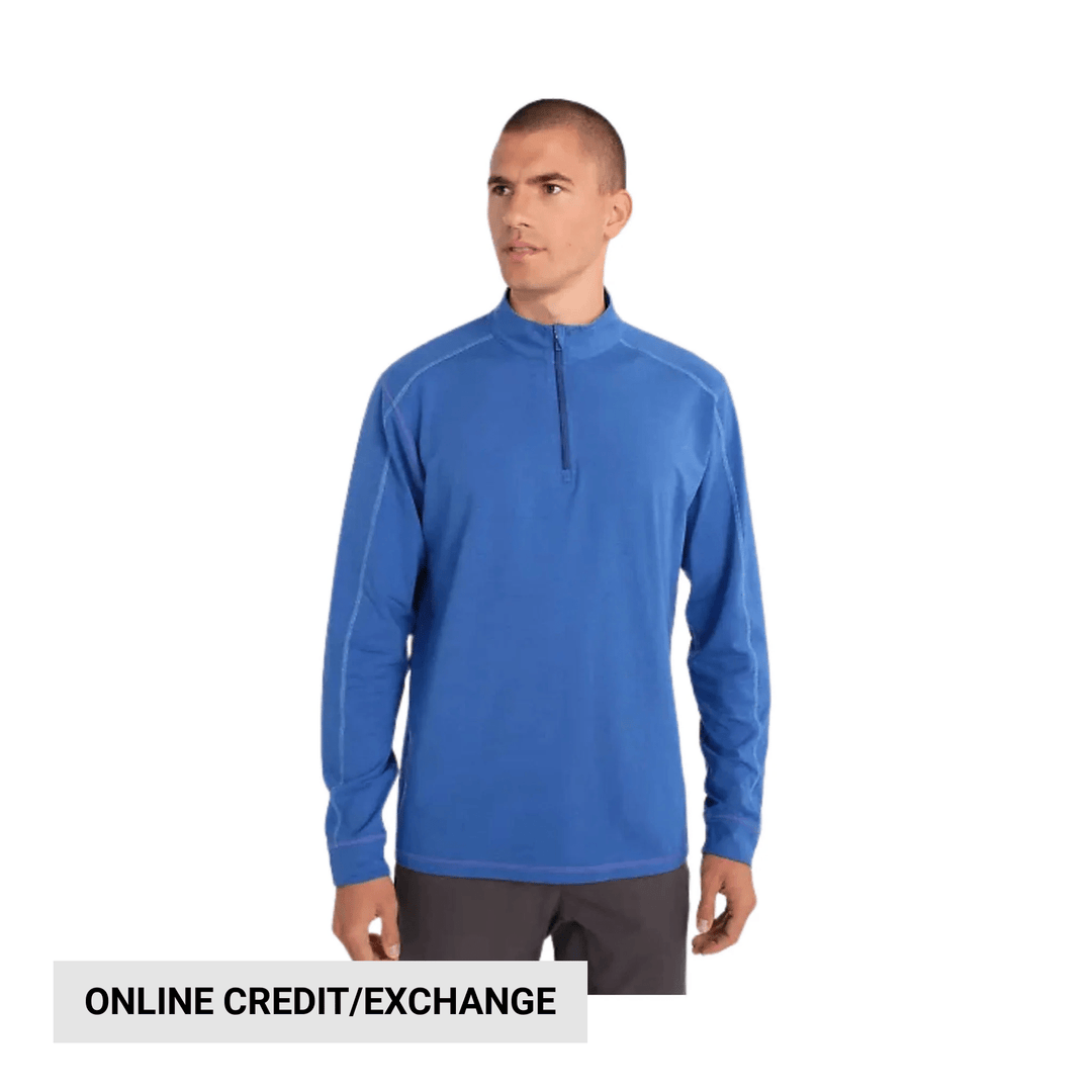 Blue long-sleeve quarter-zip pullover with mock neck and contrast stitching