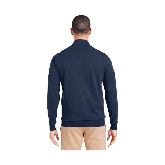 Navy long-sleeve pullover shown from the back on a model