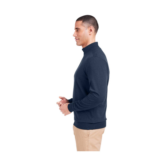 Navy long-sleeve quarter-zip pullover shown in side profile