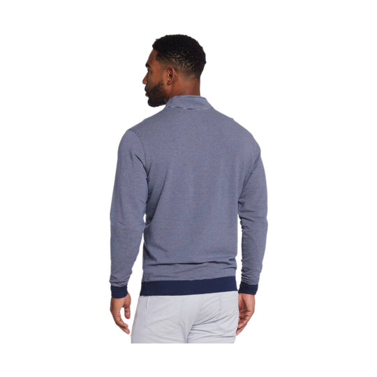 Back view of a gray-blue long-sleeve quarter-zip pullover with dark cuffs and hem.