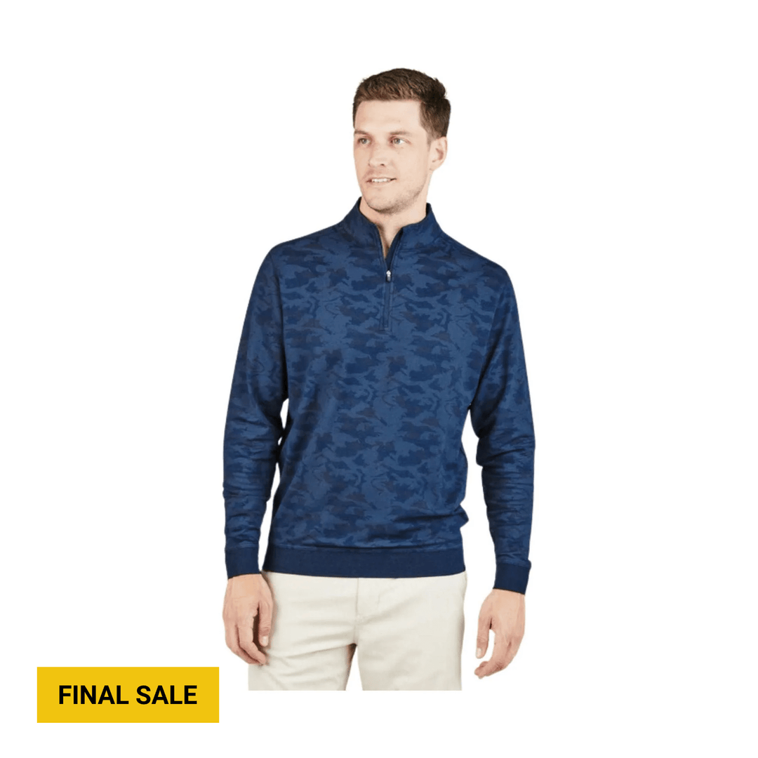 Blue camo quarter-zip pullover with long sleeves