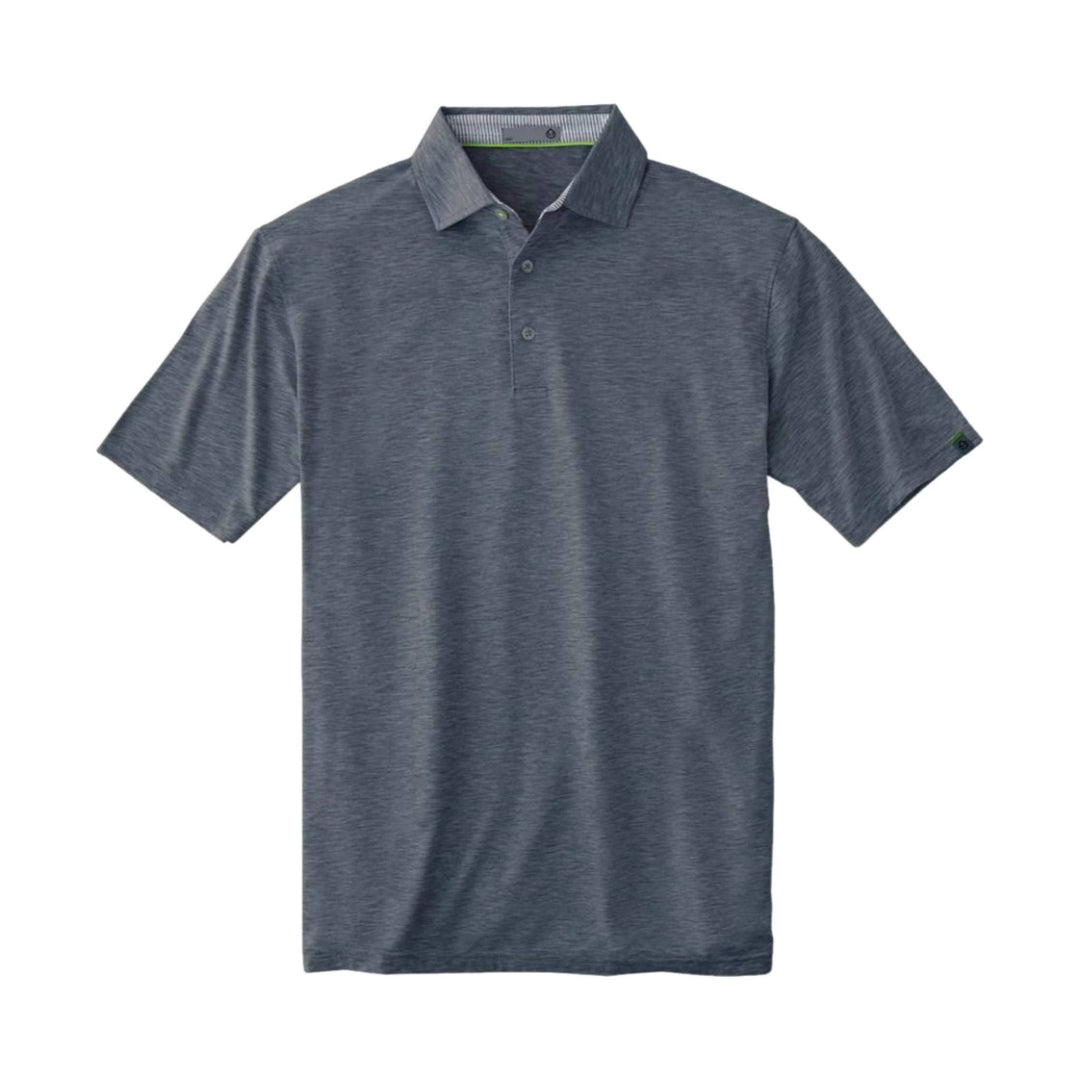 Dark heathered short-sleeve polo shirt with three-button placket and collar