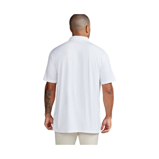 White short-sleeve polo shirt shown from the back on a model