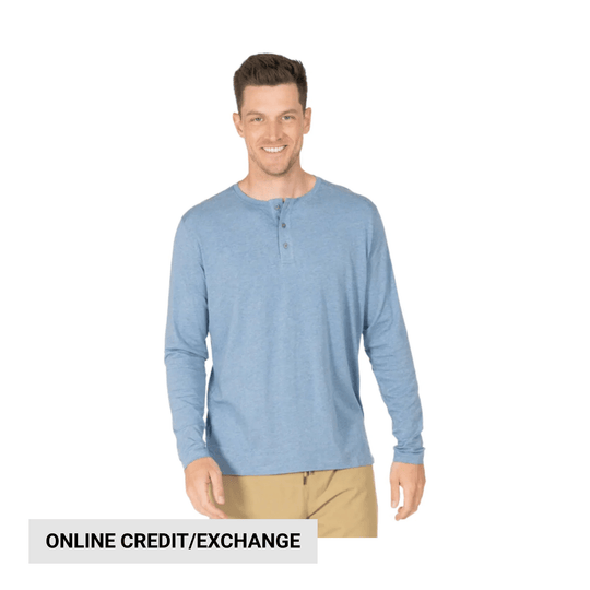 Light blue long-sleeve henley shirt with three-button placket, shown on a man against a white background