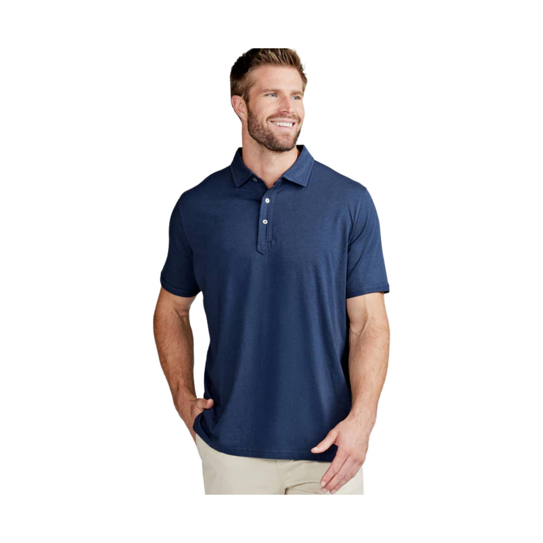 Men's navy short-sleeve polo shirt with three-button placket
