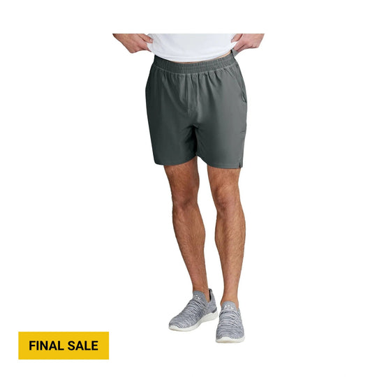 Dark gray athletic shorts with built-in liner, shown on a model with a yellow FINAL SALE label