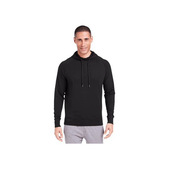Black long-sleeve hoodie with drawstring hood and ribbed cuffs, shown front view on a model