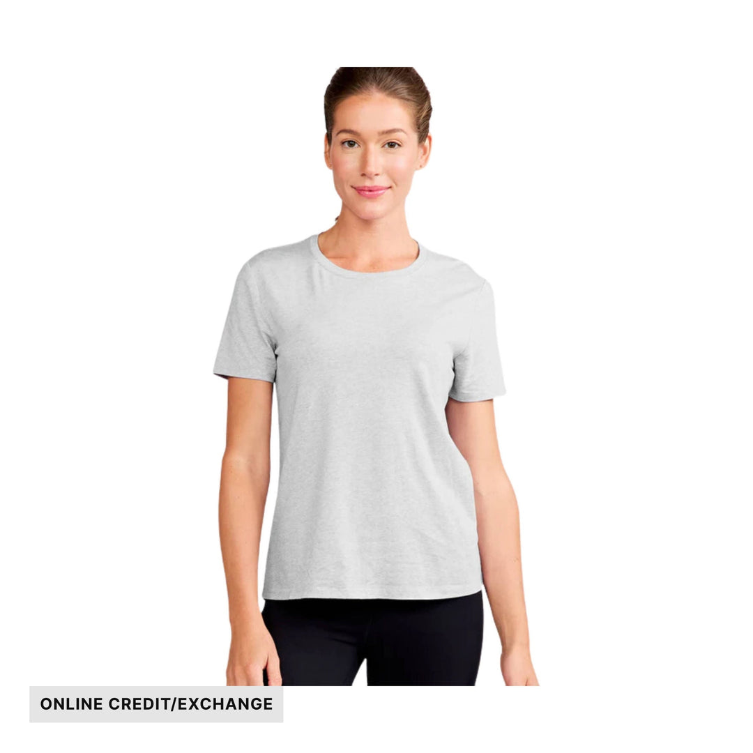 Light gray short-sleeve crewneck T-shirt on a woman with an "ONLINE CREDIT/EXCHANGE" banner