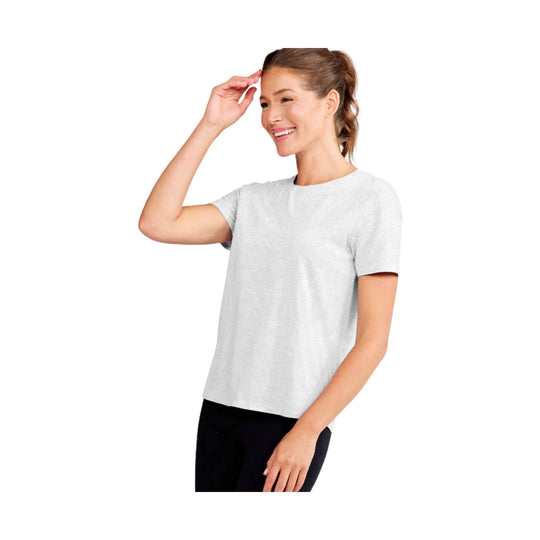 Light gray short-sleeve crewneck T-shirt on a model