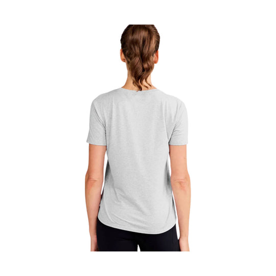 Light gray short-sleeve crewneck T-shirt shown from the back on a model