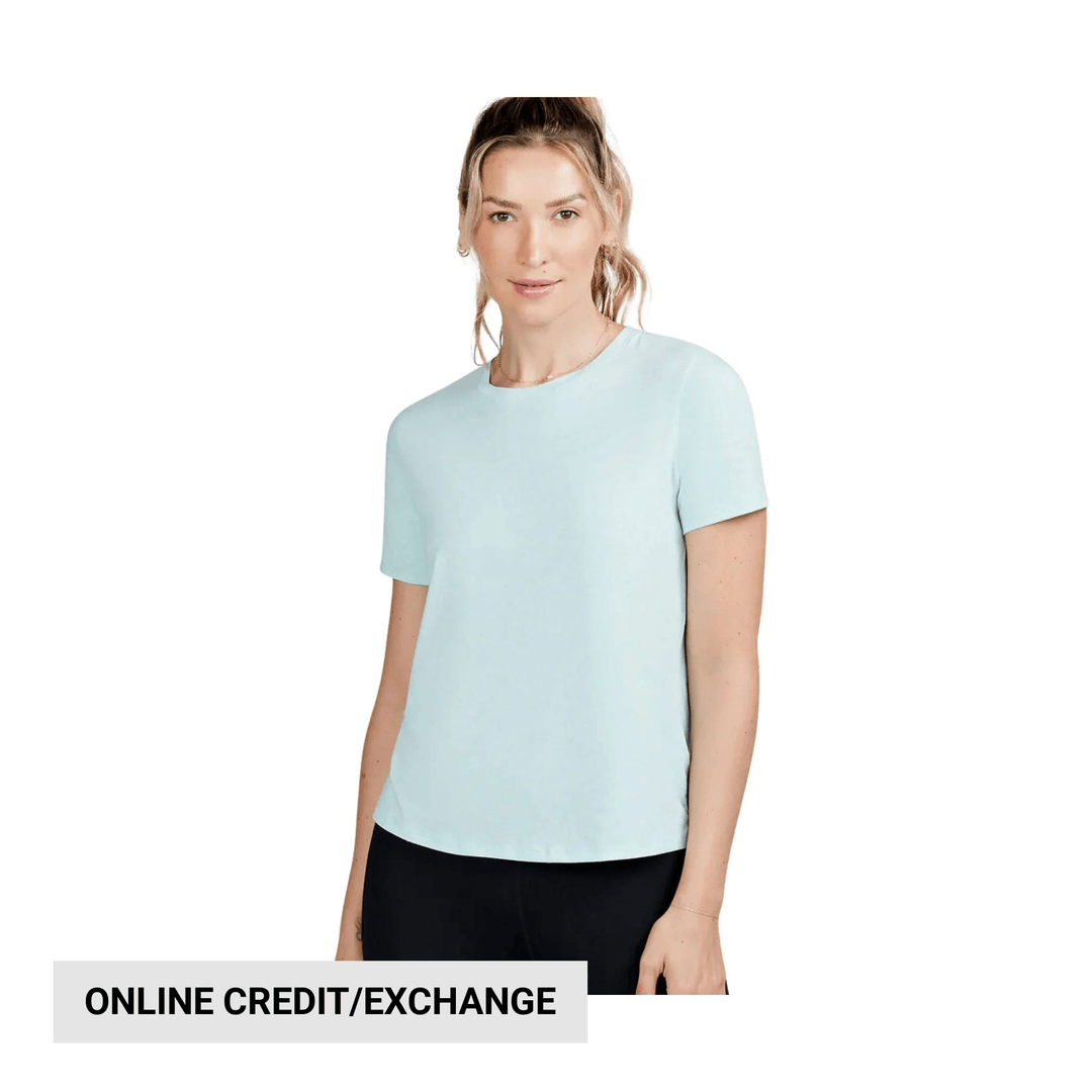Light blue short-sleeve T-shirt on a model with an ONLINE CREDIT/EXCHANGE banner