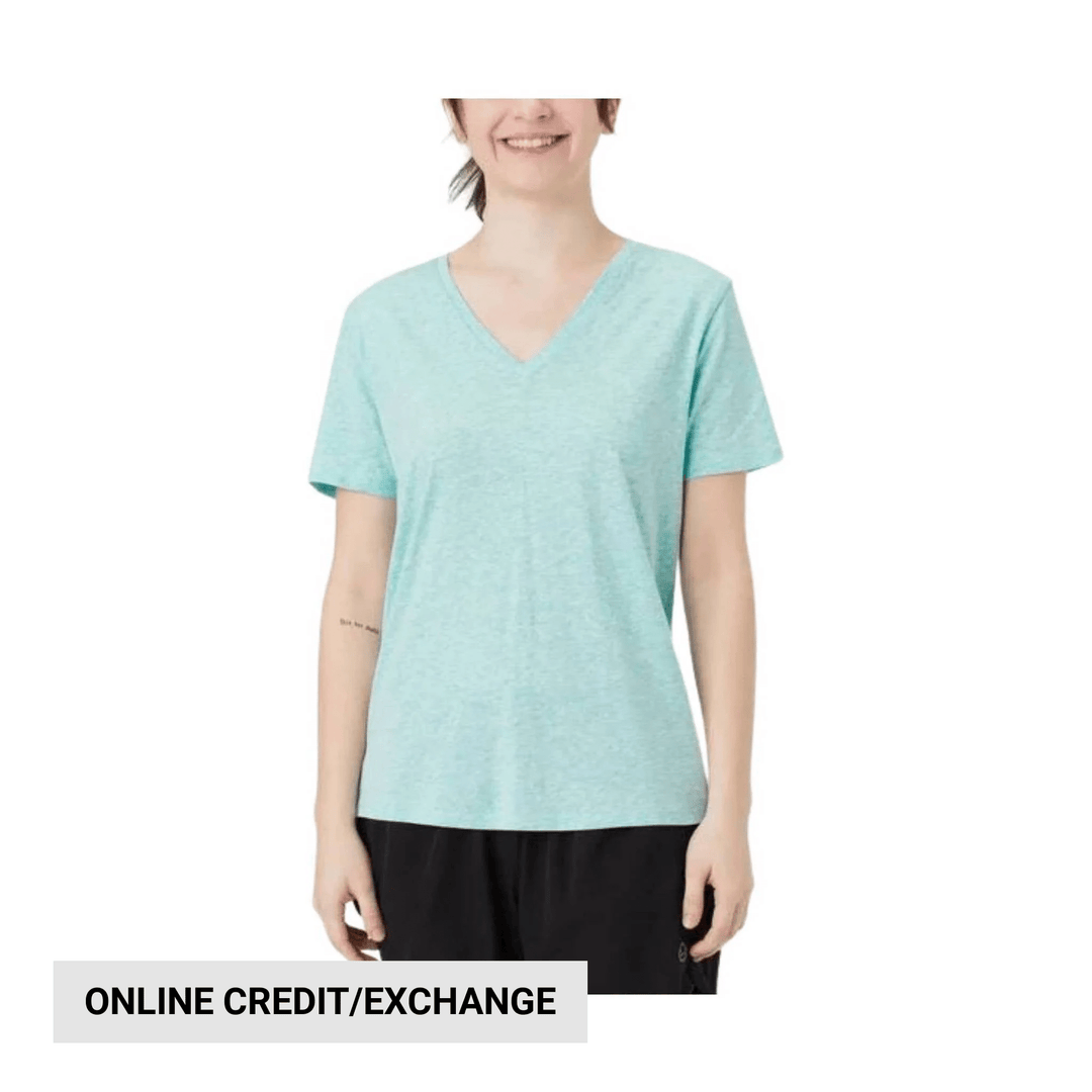 Light aqua heathered short-sleeve V-neck T-shirt on model